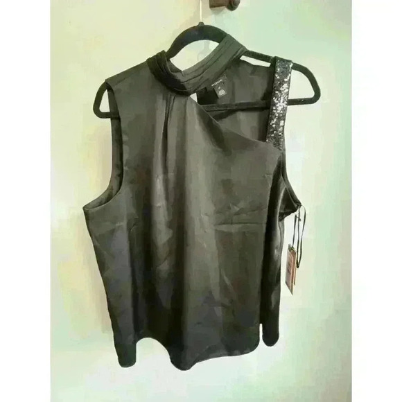 Halogen Cutout Sequin Strap Black Satin Top Size XL NWT - Picture 3 of 7